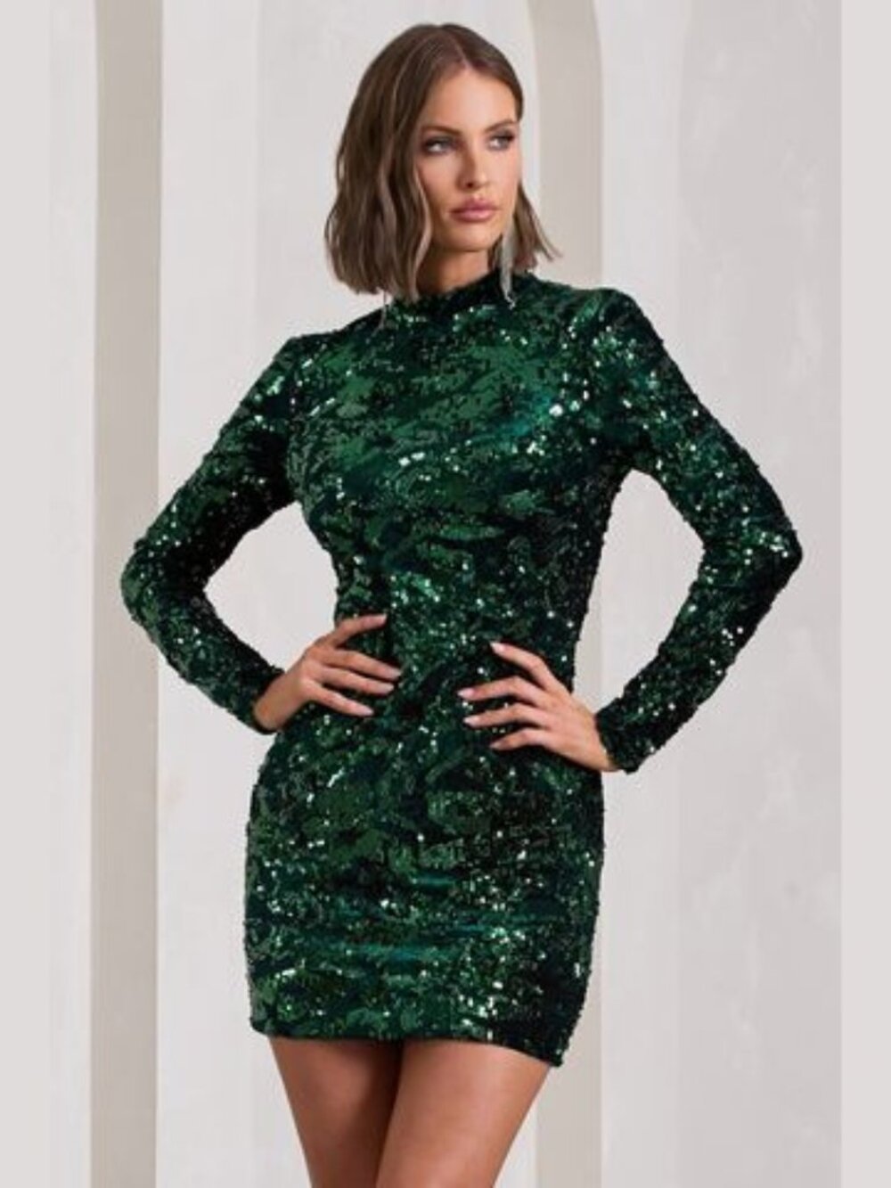 Club L London My Light Bottle Green Sequin Bodycon Mini Dress | Size 10